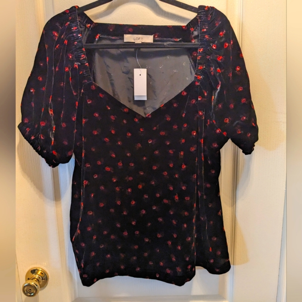 NWT Loft Velour Floral Sweetheart Neckline Poof Sleeve Top, Sz XL
